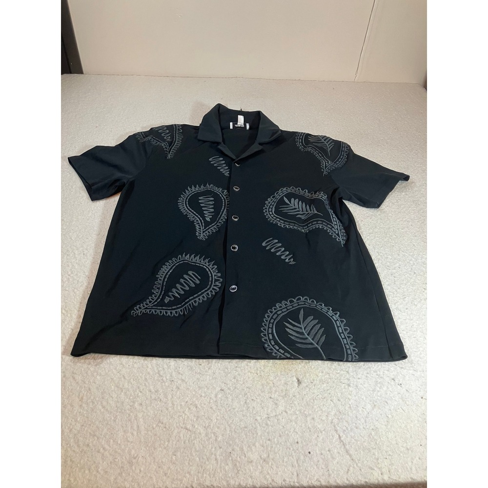 Jason Wu Mens XL Black Paisley Embroidered Short Sleeve Camp Collar Button Shirt